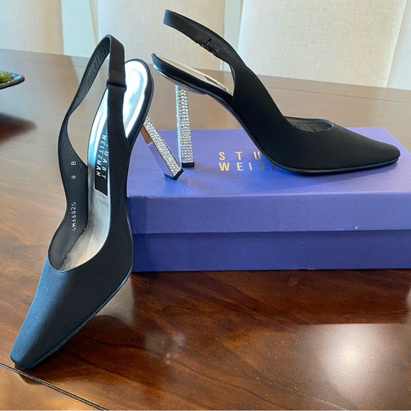 Stuart Weitzman Black Satin Slingbacks with Crystal Rhinestone Studded Heels - Picture 5 of 15